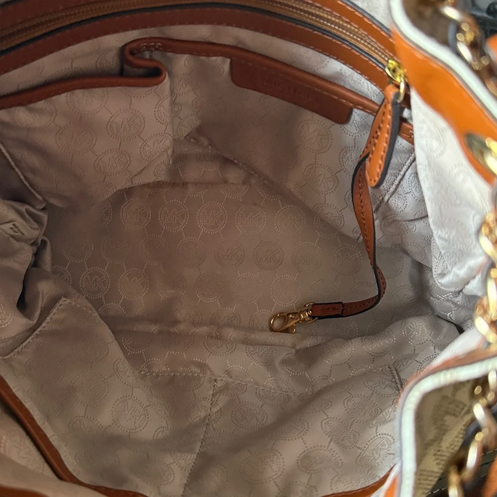 Michael Kors Cream Vanilla Monogram MK Shoulder Bag with Gold Accents - Picture 11 of 14